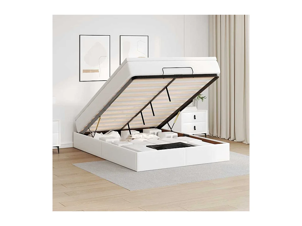 Cadre de lit ottoman avec matelas blanc 140x190 cm similicuir