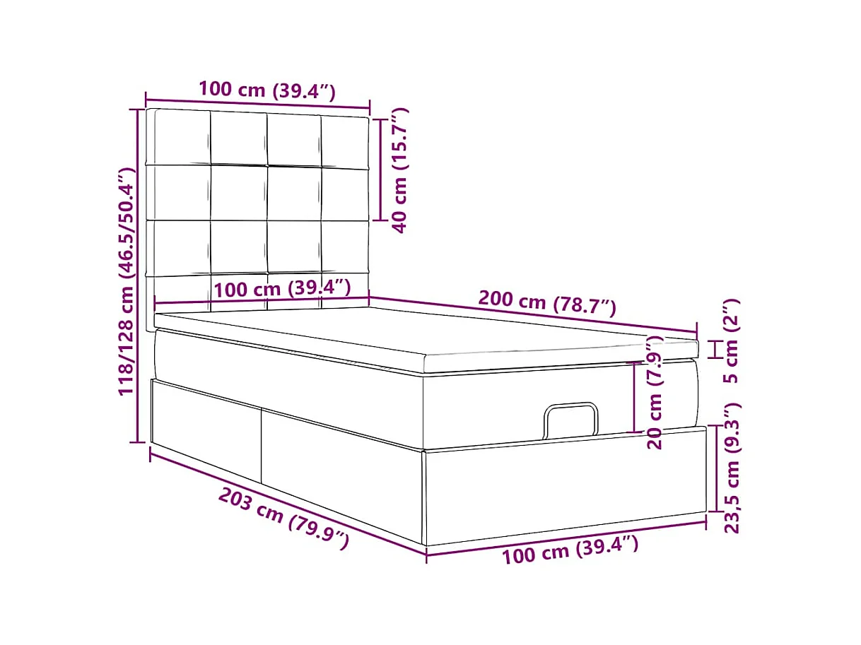 Lit ottoman avec matelas marron foncé 100x200 cm tissu