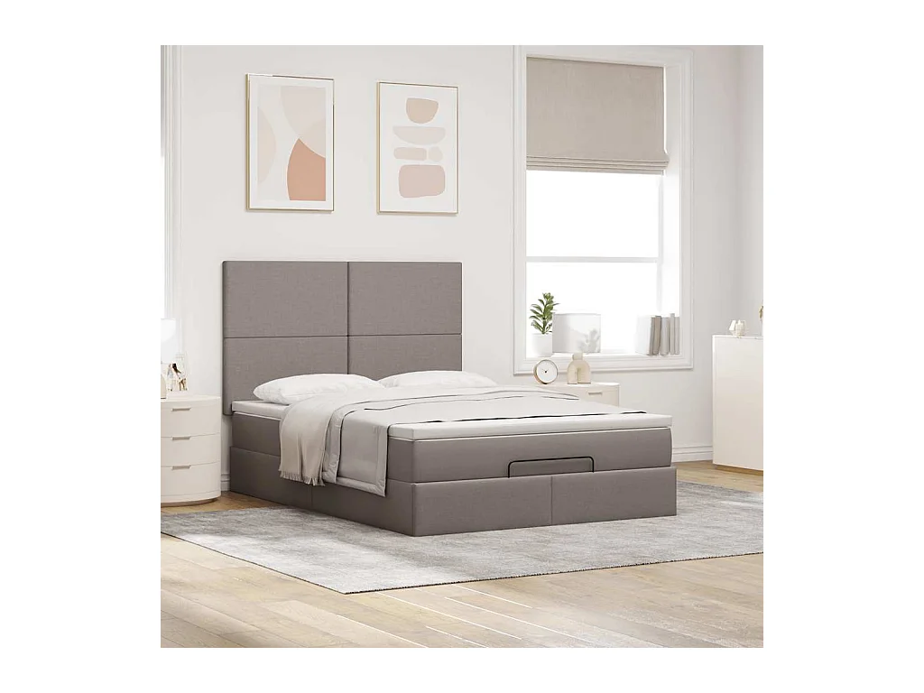 Cadre de lit ottoman avec matelas taupe 140x200 cm tissu
