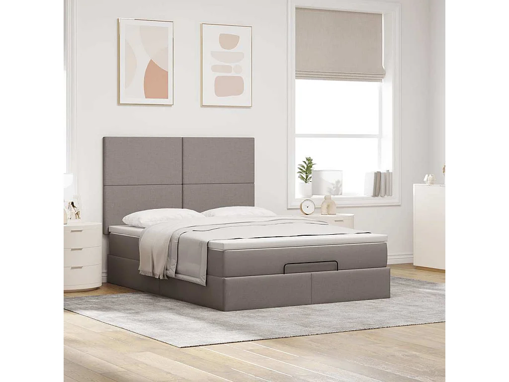 Cadre de lit ottoman avec matelas taupe 140x200 cm tissu