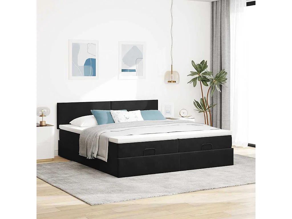 Struttura Letto Pouf con Materassi Nero 160x200 cm in Velluto
