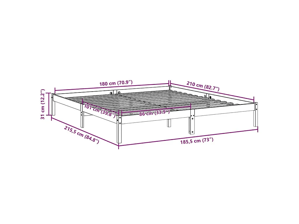 Cadre de lit extra long sans matelas 180x210 cm bois massif pin