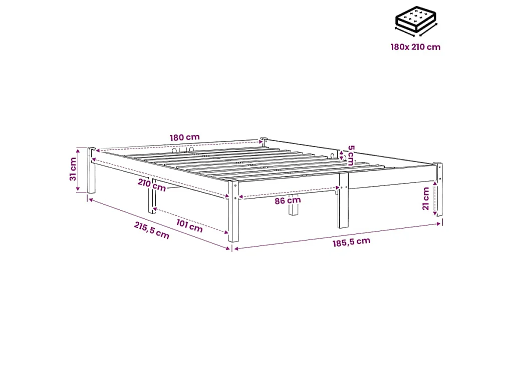 Cadre de lit extra long sans matelas 180x210 cm bois massif pin