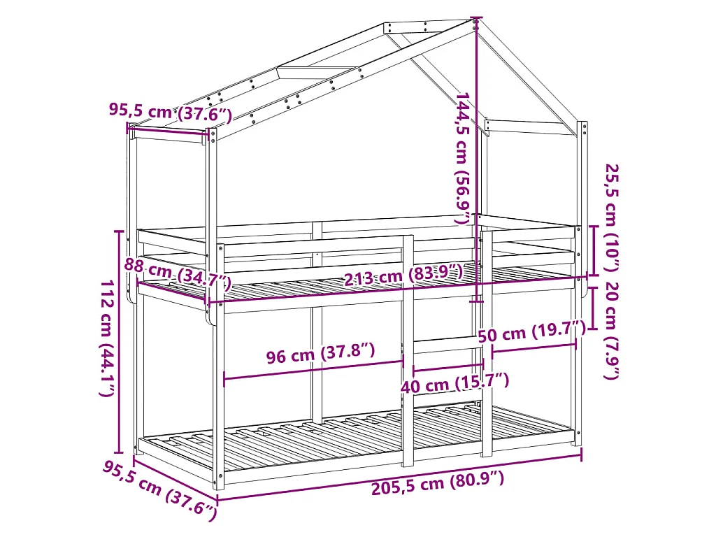 Lit superposé sans matelas 90x200 cm bois de pin massif