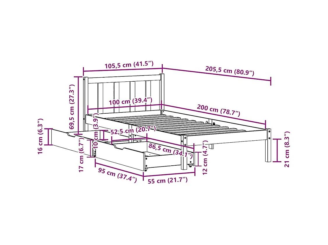 Cadre de lit sans matelas 100x200 cm bois massif de pin