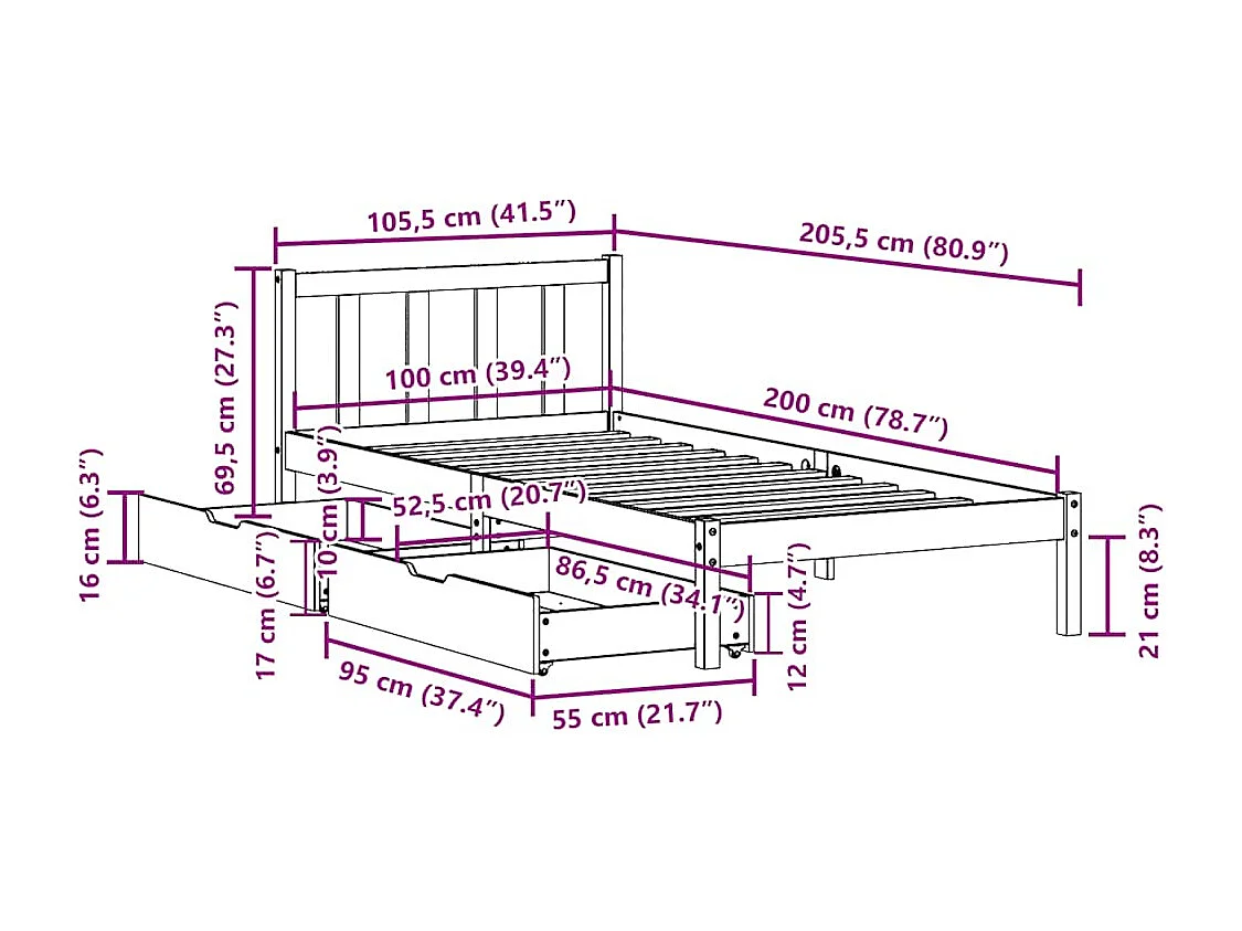 Massivholzbett ohne Matratze 100x200 cm Kiefernholz