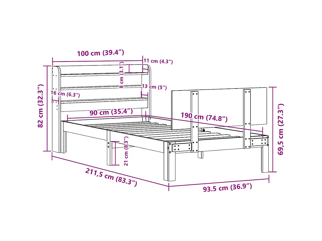 Giroletto con Testiera 90x190 cm in Legno Massello di Pino