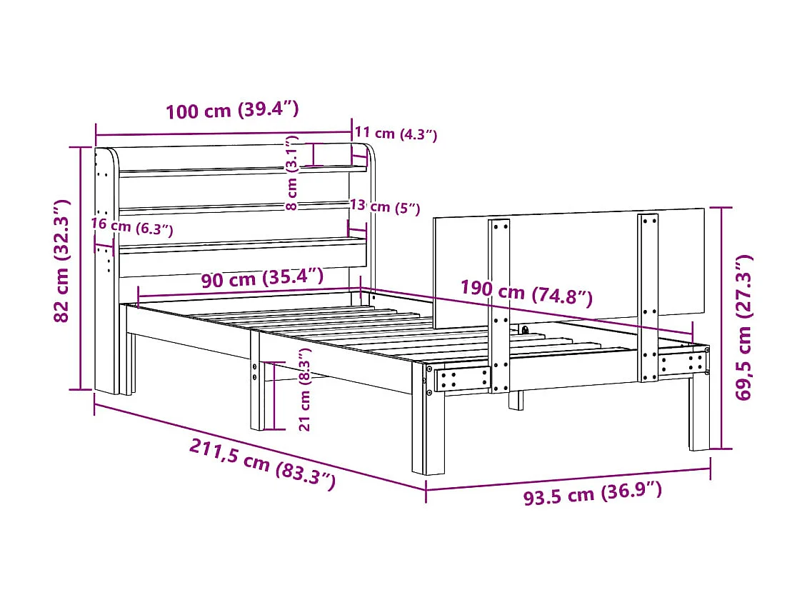 Bettgestell mit Kopfteil ohne Matratze 90x190 cm