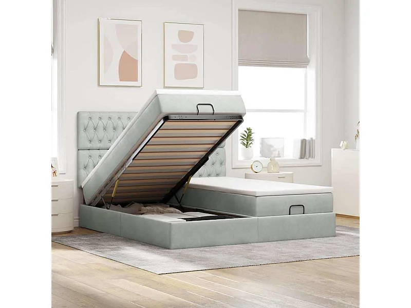 Ottoman-Bett mit Matratzen & LEDs Hellgrau 180x200 cm Samt