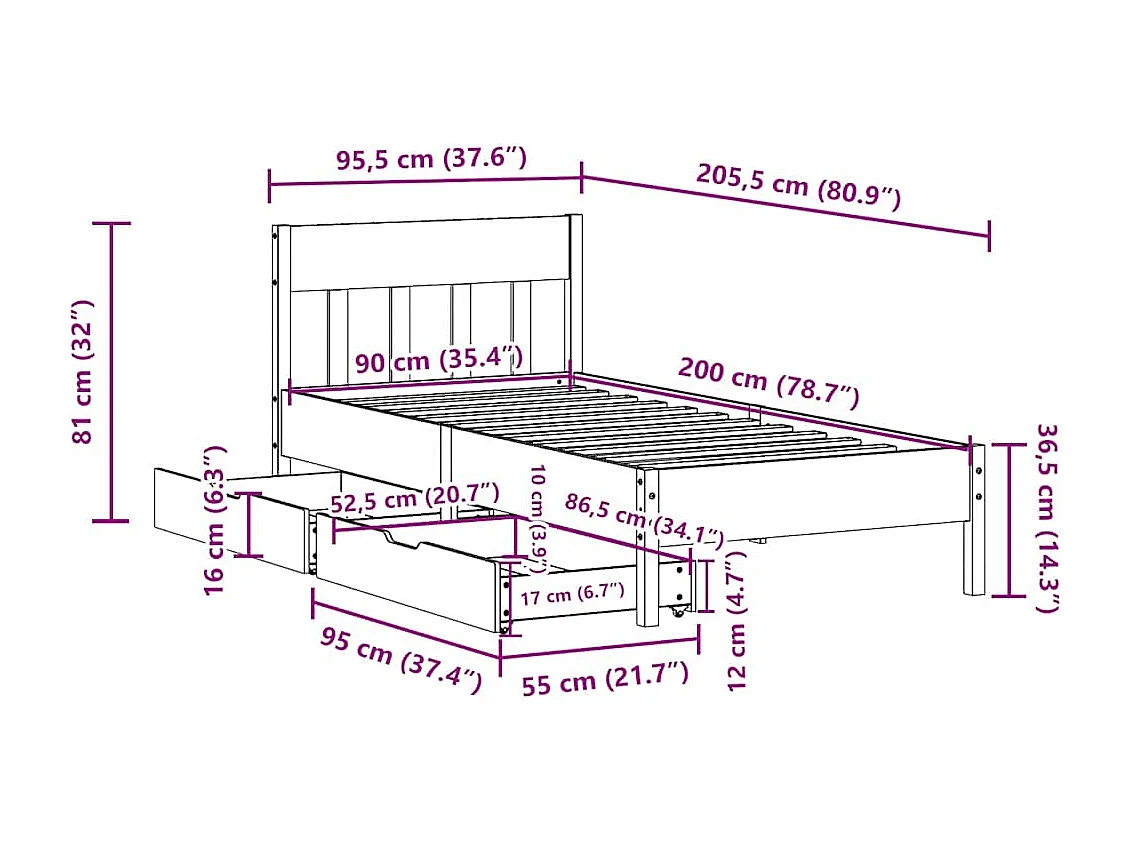 Letto senza Materasso 90x200 cm in Legno Massello di Pino