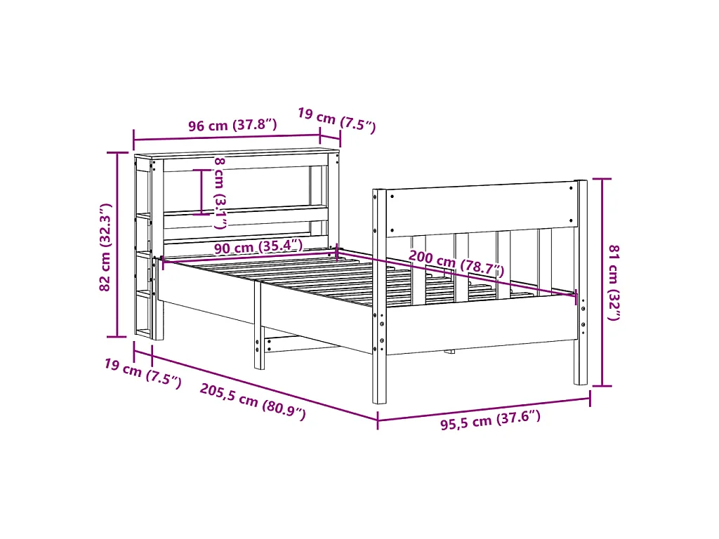 Letto senza Materasso 90x200 cm in Legno Massello di Pino