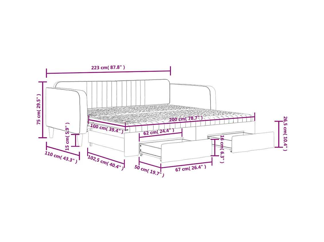 Divano Letto Estraibile Cassetti Grigio Scuro 100x200cm Velluto