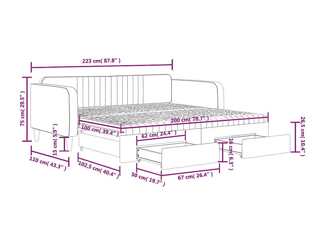 Slaapbank onderschuifbed lades 100x200 cm fluweel donkergrijs