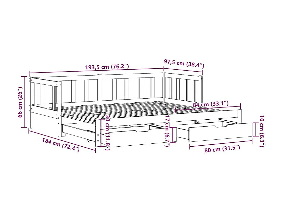 Slaapbank met onderschuifbed/lades zonder matras 90x190 cm wit