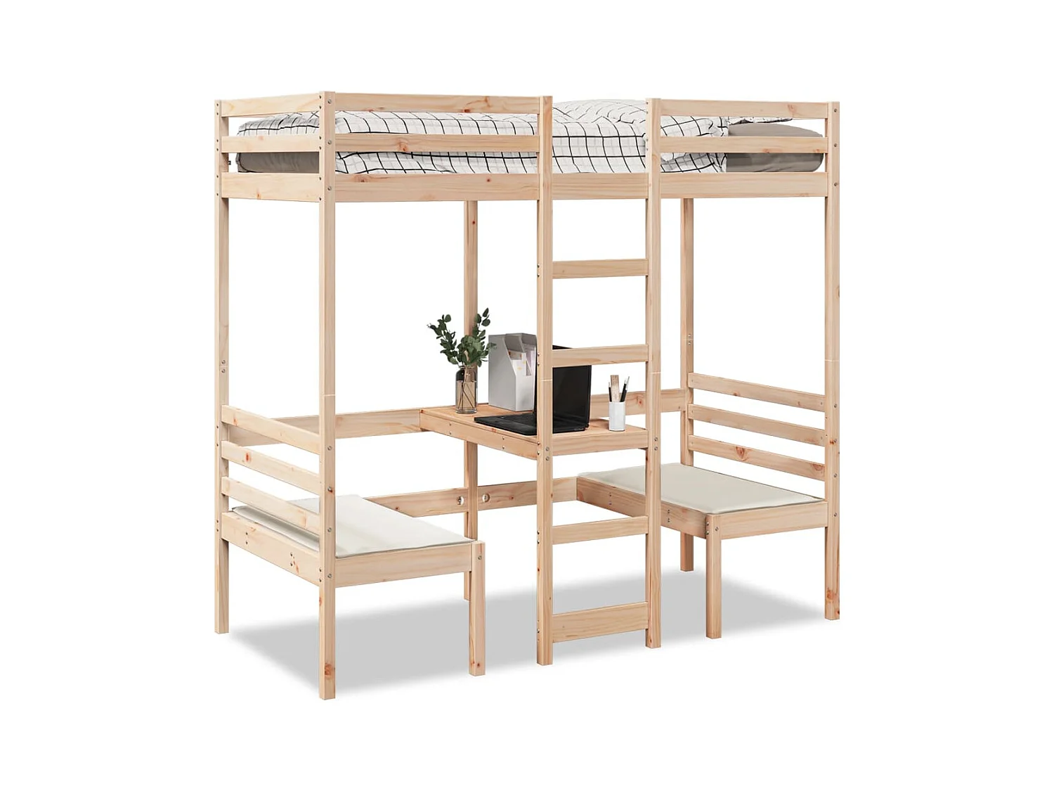 Hoogslaper met bureau en stoelen massief grenenhout 90x190cm