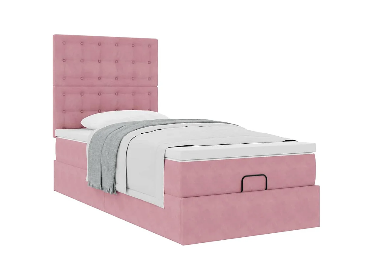 Cadre de lit ottoman avec matelas rose 90x190 cm velours