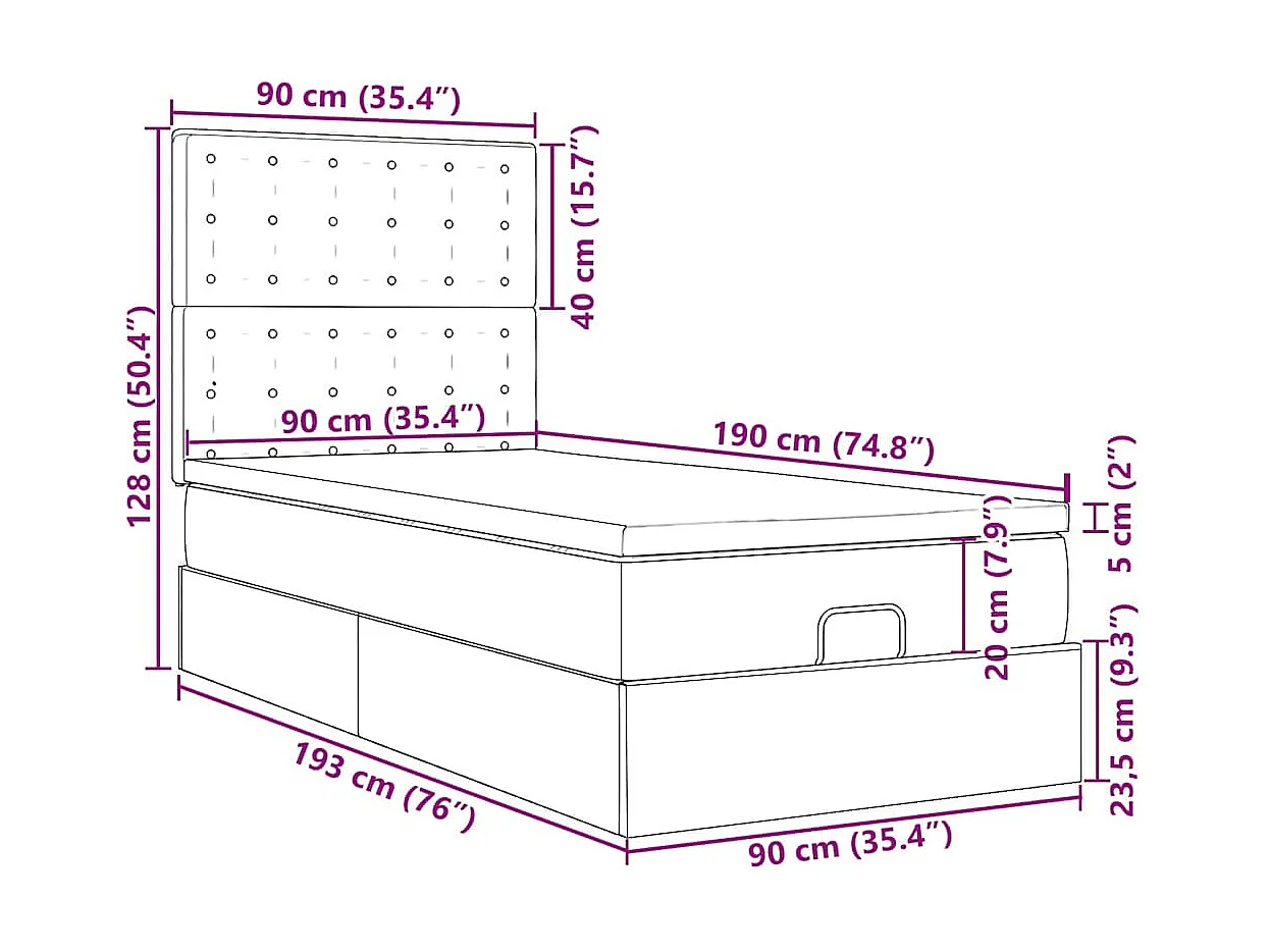 Cadre de lit ottoman avec matelas rose 90x190 cm velours