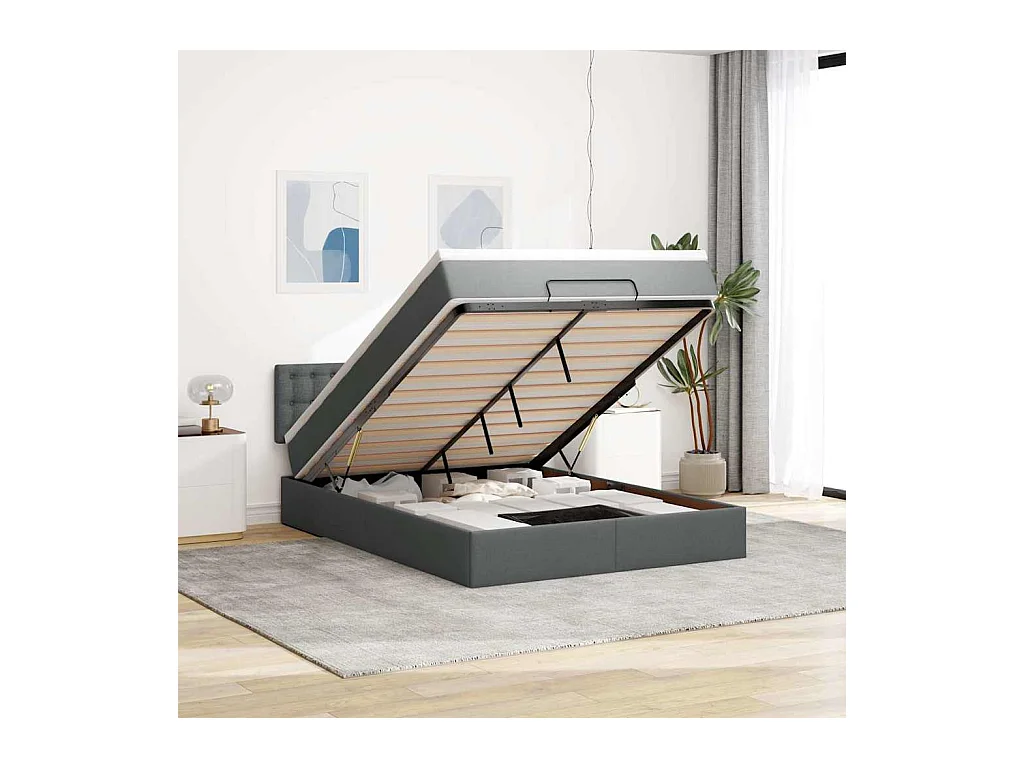 Lit ottoman avec matelas gris foncé 140x200 cm tissu