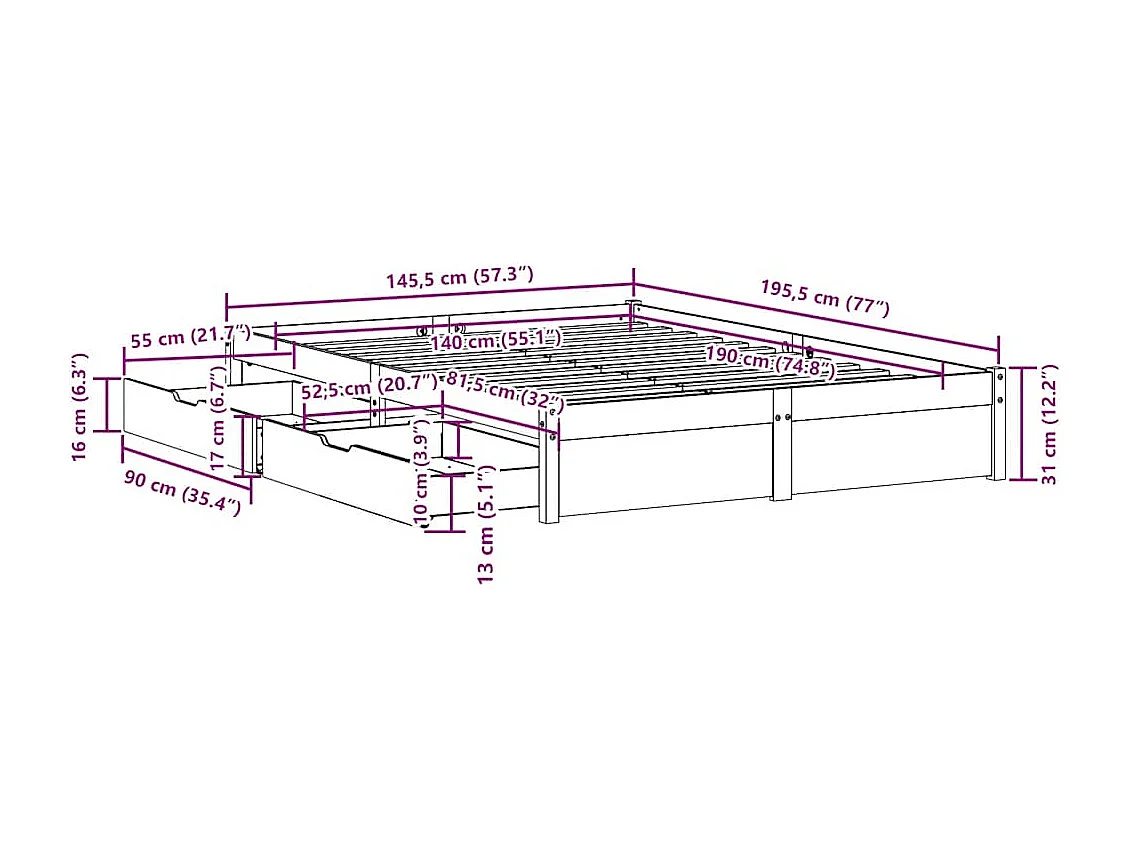 Cadre de lit sans matelas 140x190 cm bois de pin massif