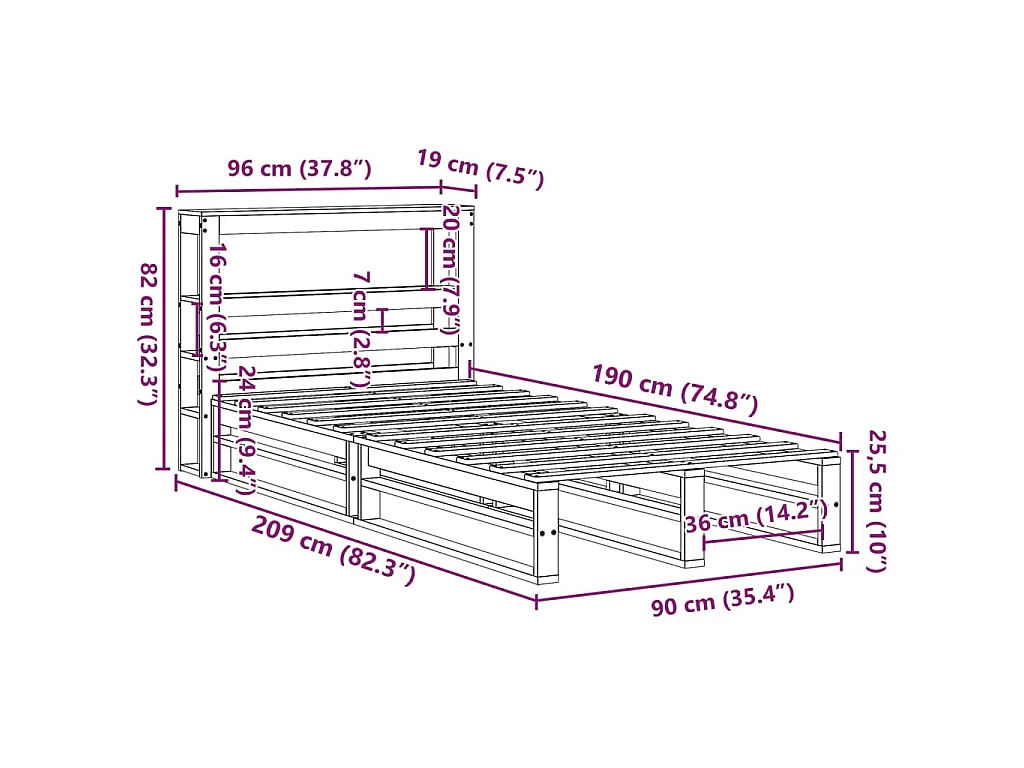 Letto senza Materasso 90x190 cm in Legno Massello di Pino