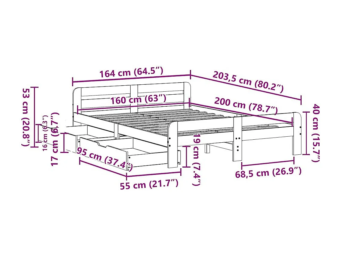 Cama sem colchão 160x200 cm madeira de pinho maciça