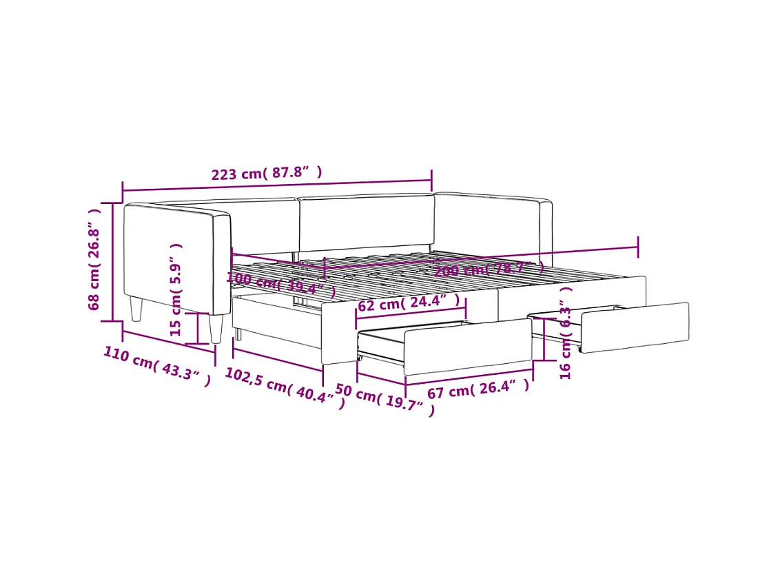 Slaapbank met onderschuifbed en lades 100x200 cm stof crème