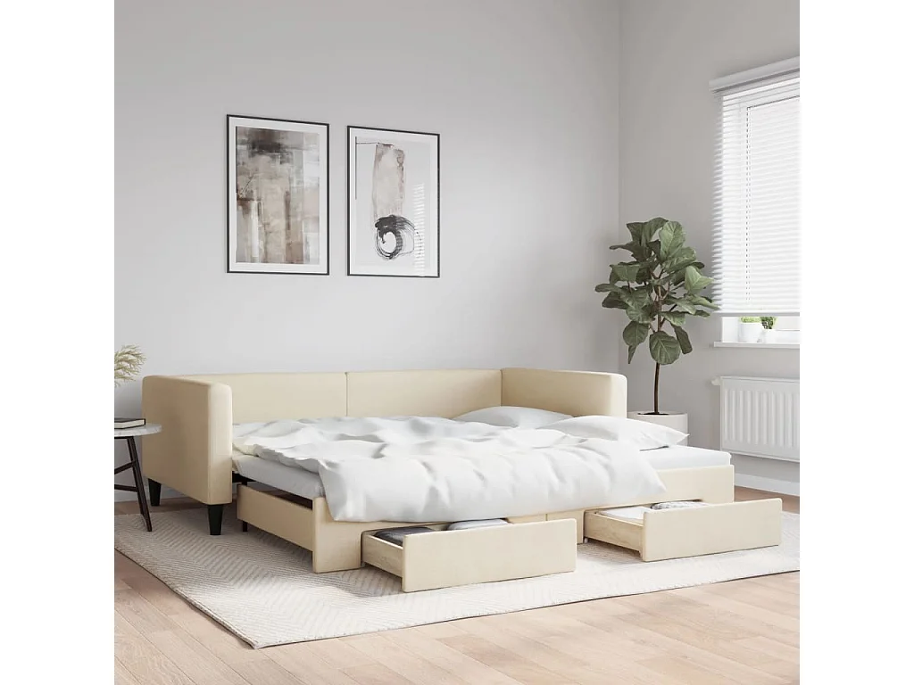 Lit de jour avec gigogne et tiroirs crème 100x200 cm tissu