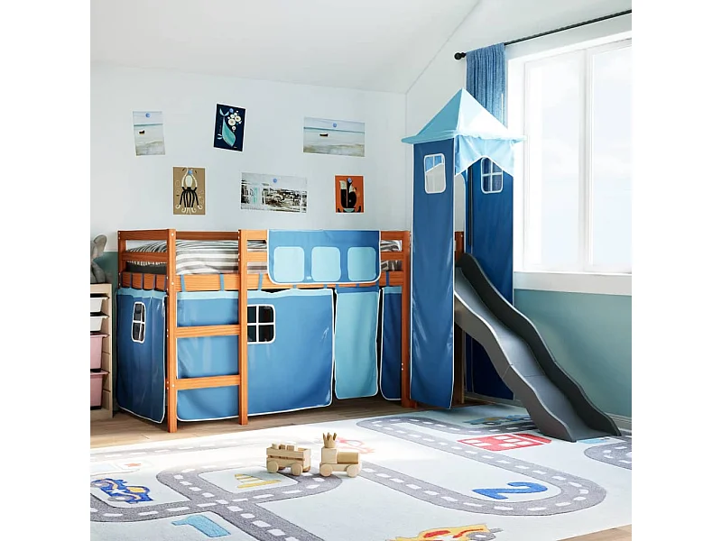 Kinderhoogslaper met toren 90x190 cm massief grenenhout blauw