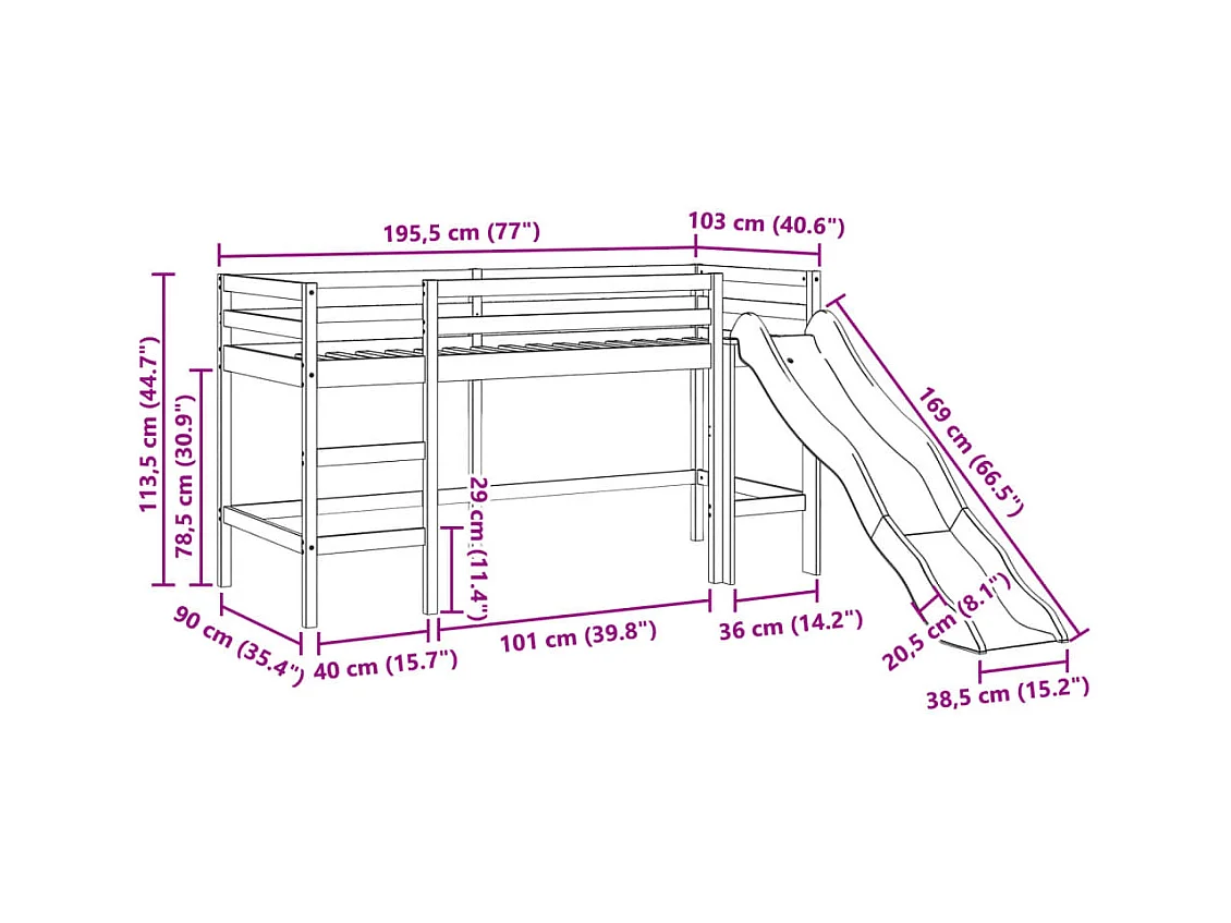 Lit mezzanine enfants avec tour bleu 90x190 cm bois pin massif