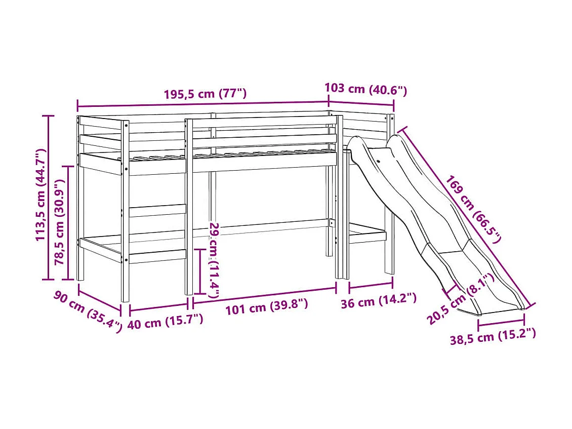 Cama alta para criança com torre 90x190 cm pinho maciço azul