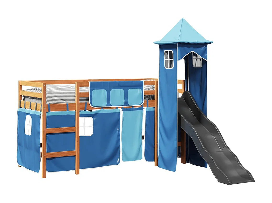 Cama alta para criança com torre 90x190 cm pinho maciço azul