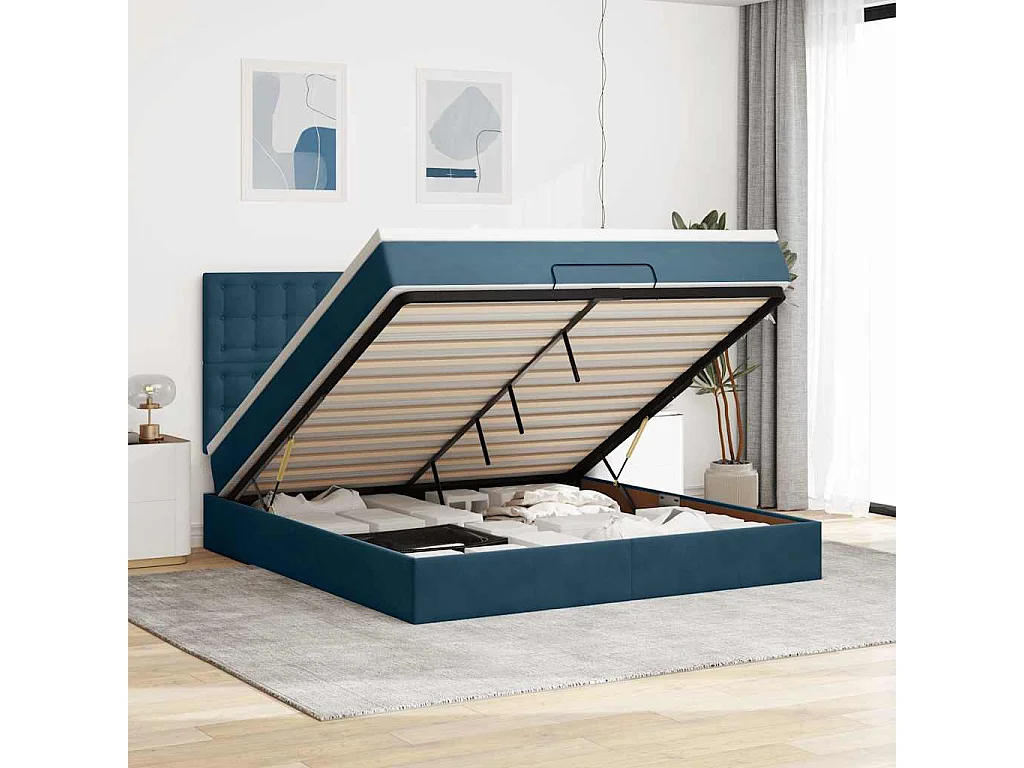Cadre de lit ottoman avec matelas bleu foncé 160x200 cm velours