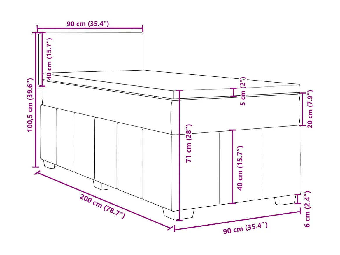 Cama box spring con colchón tela gris claro 90x200 cm