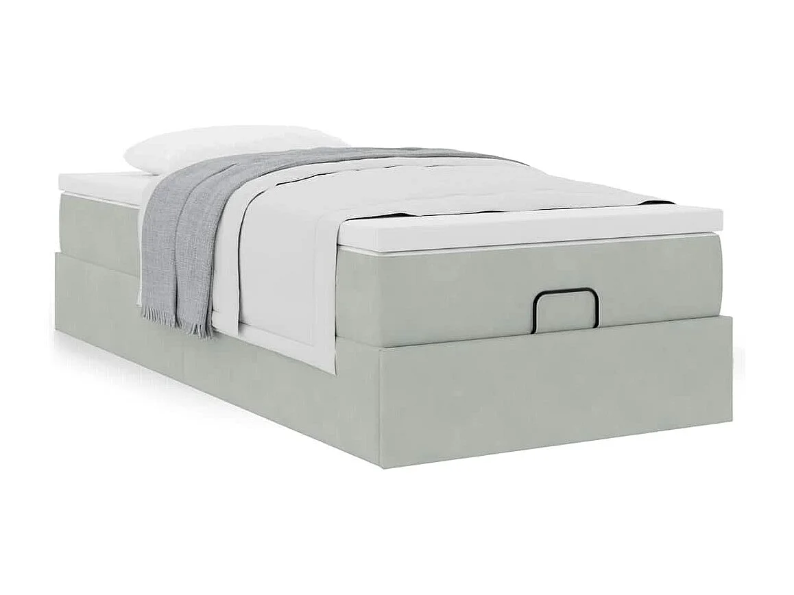 Cadre de lit ottoman et matelas gris clair 90x190 cm velours