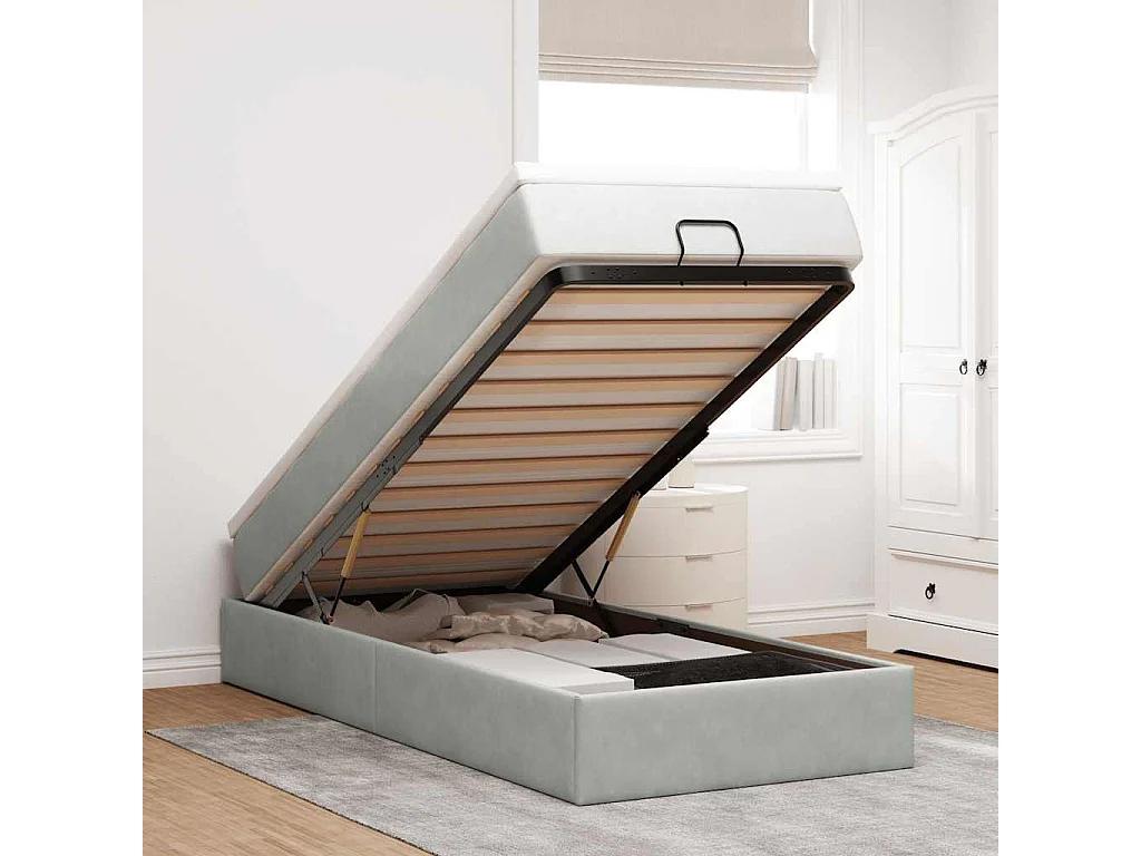Estrutura cama otomana colchão 90x190 cm veludo cinzento claro