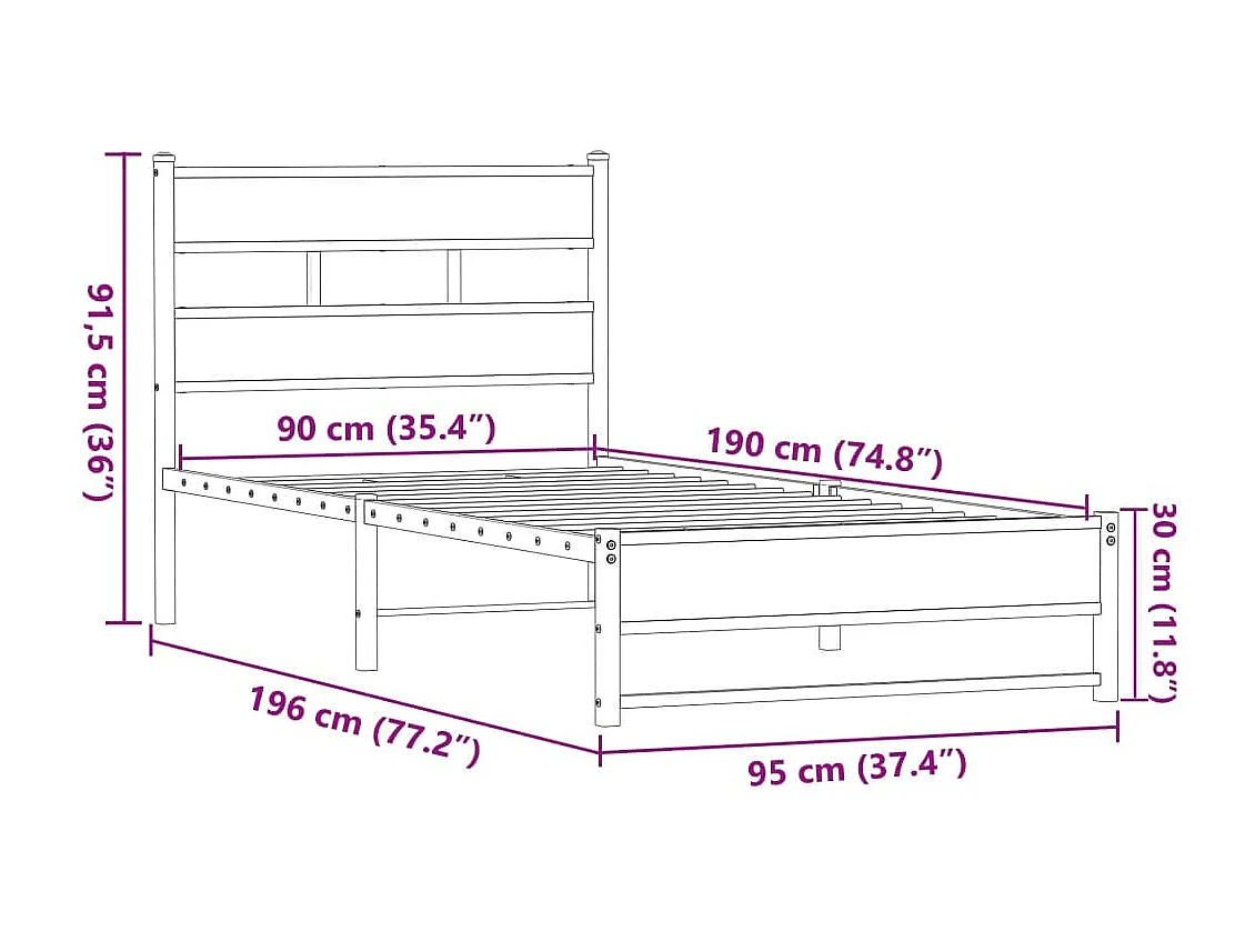 Cadre de lit en métal sans matelas chêne marron 90x190 cm