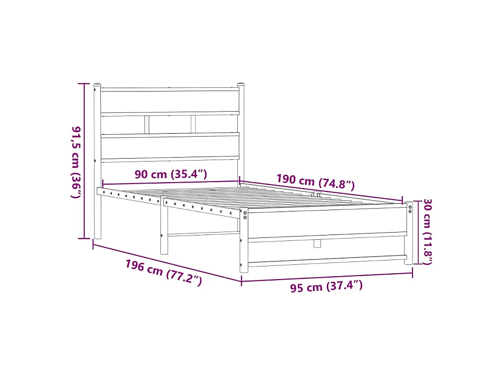Metallbett ohne Matratze Eichen-Optik 90x190 cm