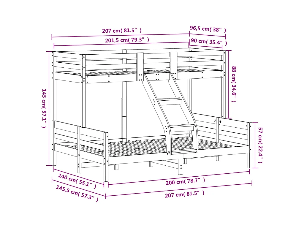 Etagenbett 90x200/140x200 cm Weiß Massivholz Kiefer