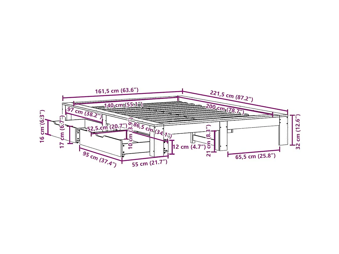 Cadre de lit sans matelas blanc 140x200 cm bois de pin massif