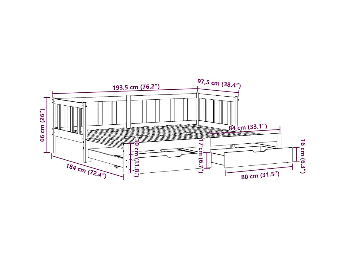 Lit de jour avec gigogne et tiroirs sans matelas 90x190 cm