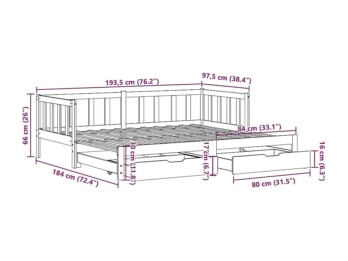 Tagesbett Ausziehbar mit Schubladen ohne Matratze 90x190 cm