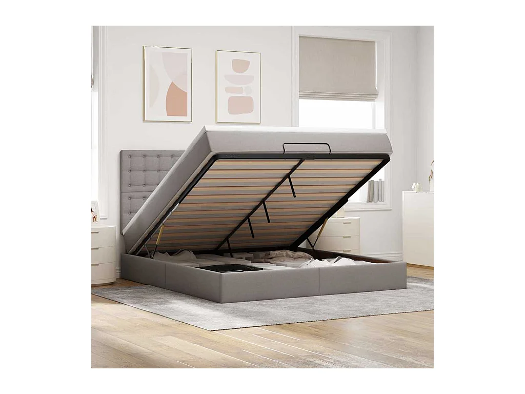 Cadre de lit ottoman avec matelas taupe 160x200 cm tissu