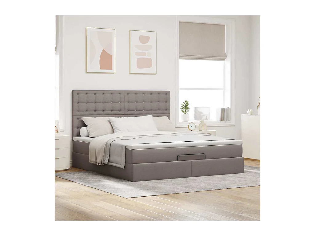 Cadre de lit ottoman avec matelas taupe 160x200 cm tissu