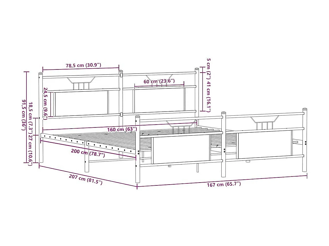 Cadre de lit en métal sans matelas chêne fumé 160x200 cm