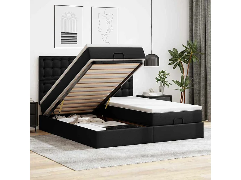 Pouf Letto con Materassi e LED Nero 160x200cm Similpelle