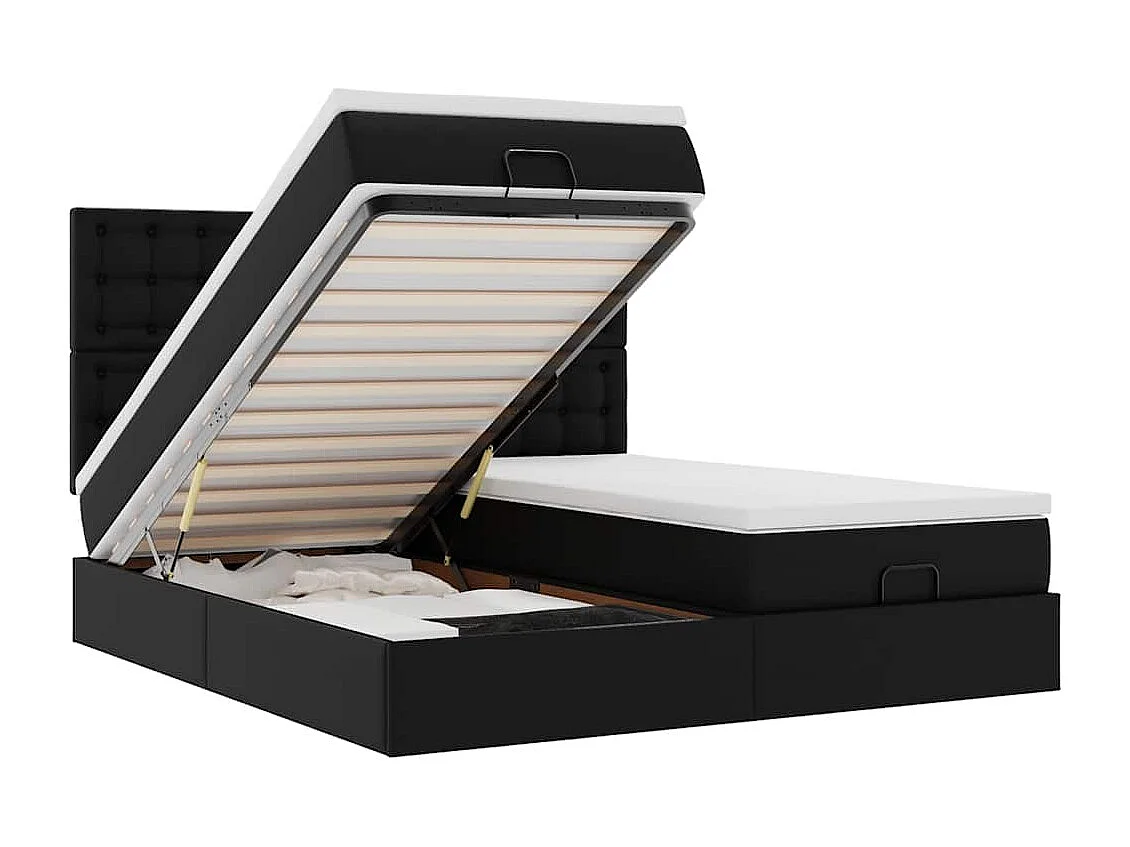 Cama otomana colchón y LED cuero sintético negro 160x200 cm