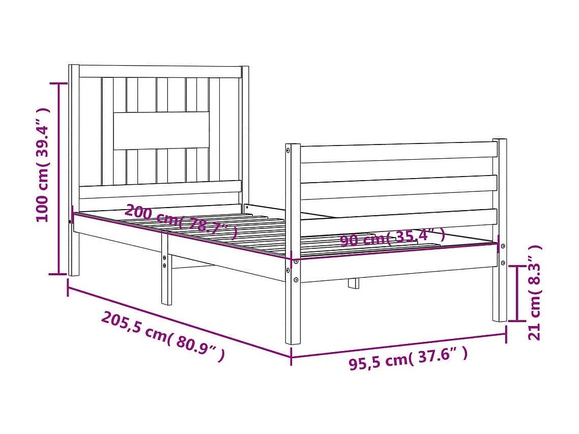 Bedframe met hoofdbord massief hout 90x200 cm