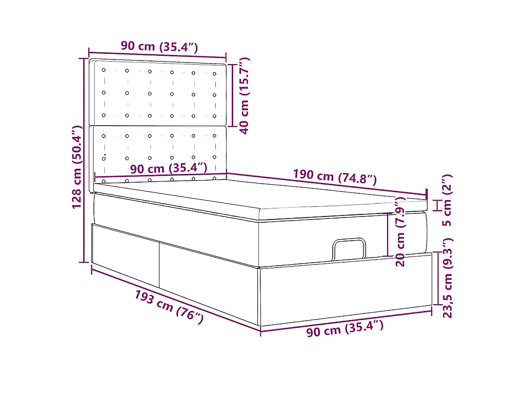 Estrutura de cama otomana com colchão tecido azul 90x190cm