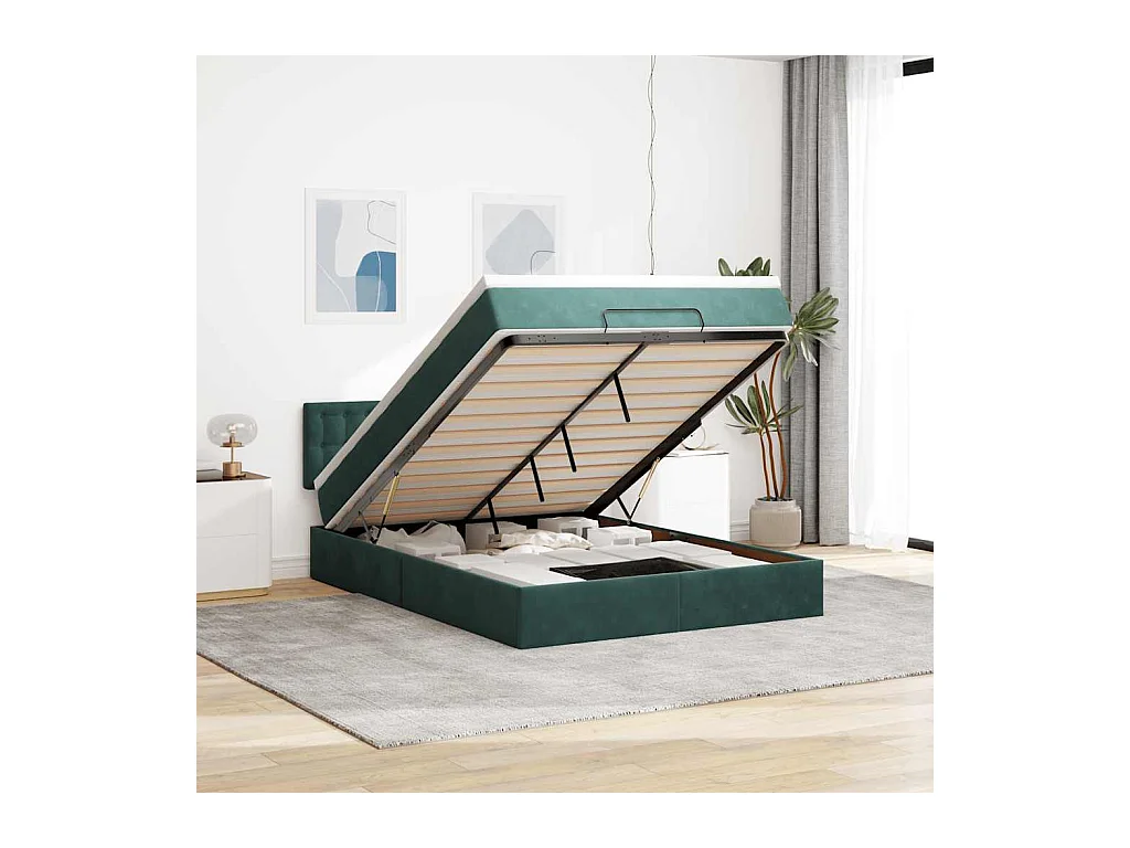 Ottoman-Bett mit Matratze & LEDs Dunkelgrün 140x200 cm Samt