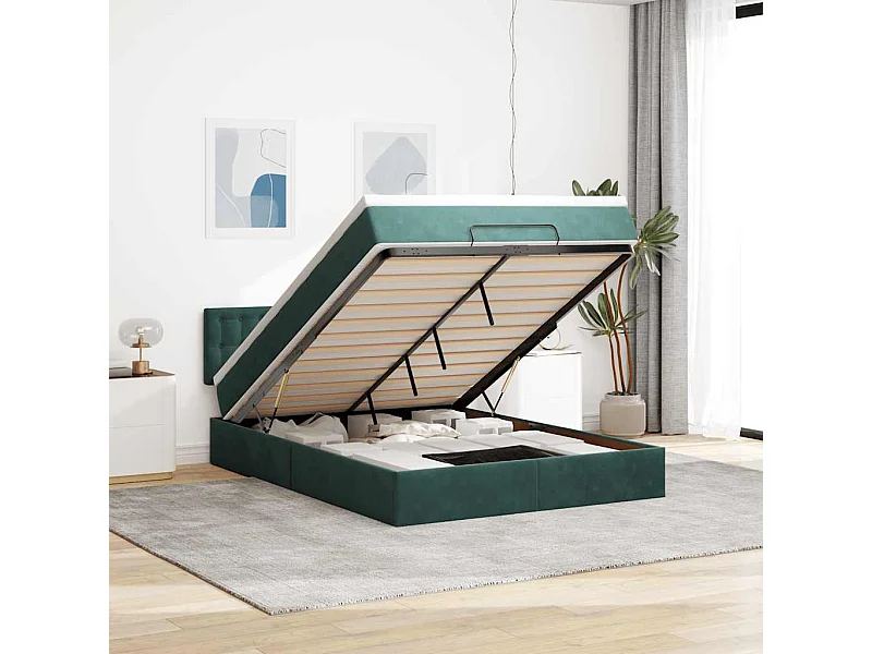 Ottoman-Bett mit Matratze & LEDs Dunkelgrün 140x200 cm Samt